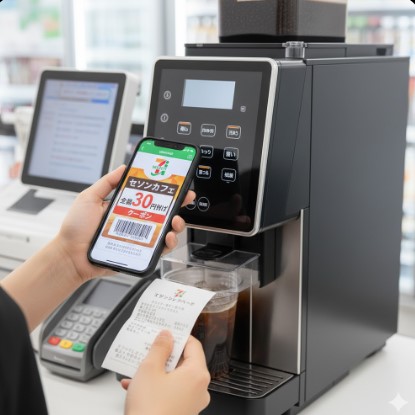 セブンイレブンの新しいタッチパネル式コーヒーマシンの前で、日本人の手がスマートフォンに表示されたセブンカフェの30円引きクーポンと、レシートクーポンを持っている。