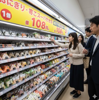 コンビニエンスストアのおにぎりコーナーで、お得な「おにぎり・寿司スーパーセール」の黄色いポップが掲示されている。複数のアジア人客が商品を選んでいる様子。