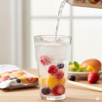 グラスに入った冷凍ミックスフルーツに、缶から無糖の強炭酸水が注がれている。手前にはスムージーの冷凍パックがあり、奥にはフレッシュなフルーツが見える。