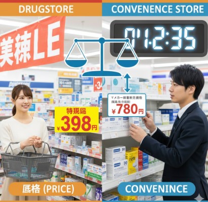 左右に分割された比較画像。左側はドラッグストアの特売コーナーで、女性が安い価格の目薬を手にしている。右側はコンビニエンスストアで、男性が定価に近い目薬の価格を確認している。両者の間に天秤が描かれ、価格と利便性のトレードオフを象徴的に示している。