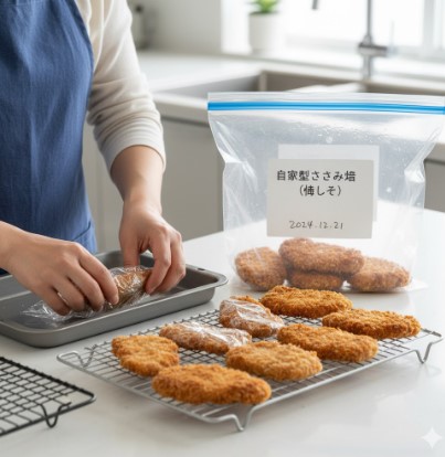 キッチンで、青いエプロンを着た女性が、調理済みのささみ揚げを一つずつラップで包み、ジップロックの保存袋に入れようとしている。
