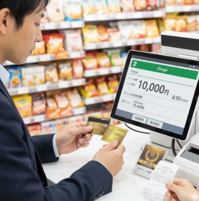 男性がセブンイレブンのレジでセブンカード・プラスからnanacoにチャージし、その後高額QUOカードを購入している様子。レジ画面にはチャージ金額と獲得ポイントが表示されている。