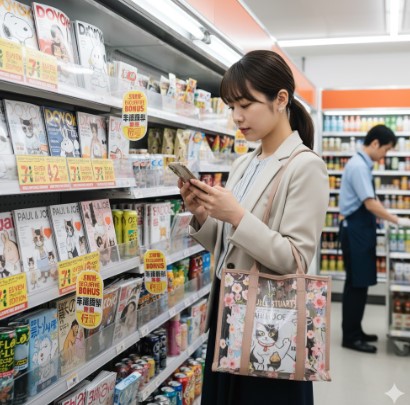 セブンイレブンの雑誌棚の前で、スマートフォンを見ながら付録付き雑誌の情報を確認する若い日本人女性。PAUL & JOEやJILL STUARTの付録付き雑誌が陳列され、女性はJILL STUART風の花柄バッグを持っている。奥では店員が商品の品出しをしている。
