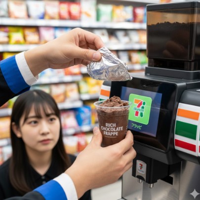 セブンイレブンの店員が、リッチチョコレートフラッペのフタを完全に剥がし、コーヒーマシンにセットする準備をしている。マシンの画面には「フラッペ」のボタンが表示されており、購入者がその手順を見守っている。