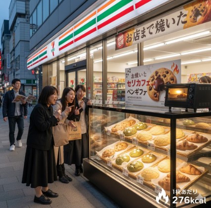 セブンイレブンの店頭に設置されたガラスショーケースには、焼きたてのパンやクッキーが並べられている。女性客が驚きと期待の表情でそれらを見つめている。