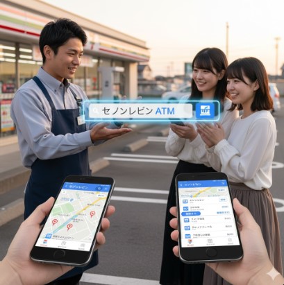 コンビニ店員が、客に「セブンイレブン ATM」と入力された検索窓のオーバーレイを示しており、客のスマートフォンには「セブンイレブン ATM」の検索結果画面が表示されている様子。