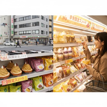 都会の駅前にある混雑したコンビニと、少し離れた静かな住宅街にある空いているコンビニを対比させた画像。限定スイーツを探す際に「穴場」を狙う戦略を示唆。