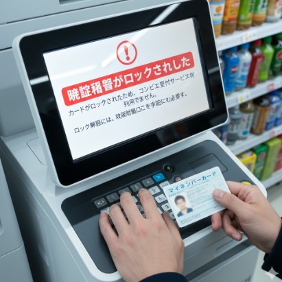 マイナンバーカードの暗証番号を3回間違えてロックされ、コンビニのマルチコピー機で利用できなくなった様子。