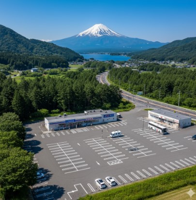 コンビニの店内で、ハイキングの服装をした若い日本人カップルが、冷蔵棚でおにぎりや飲み物を選んでいる様子。