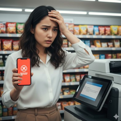 iPhoneでの写真プリントがうまくいかず、エラー表示が出たマルチコピー機とスマートフォンの前で困っている日本人。