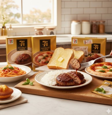 キッチンカウンターに並べられたセブンプレミアムゴールドの商品群。食パン、ハンバーグ、パスタ、ピザ、マフィンが食卓を彩る