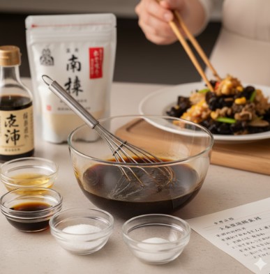 醤油や酒などの液体調味料が事前に混ぜ合わされ、調理のスピードアップのために準備された「合わせ調味料」のボウル。