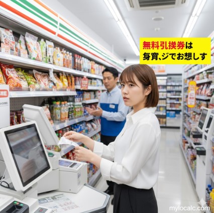 セルフレジでレシートを読み取ろうとして困惑する日本人女性。無料引換券は有人レジでの利用を促すテキストオーバーレイがある。