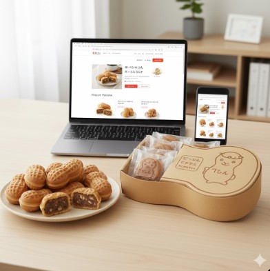 ラップトップとスマートフォンの画面に「なごみの米屋」のオンラインショップが表示され、手前にはぴーなっつ最中とその詰め合わせが置かれている。