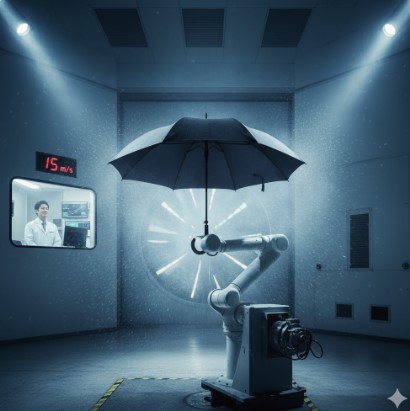 風速15m/sの強風に耐えるセブンイレブンの高耐久傘。研究施設のような場所で傘が強力な風にさらされているが、形状を保っている。