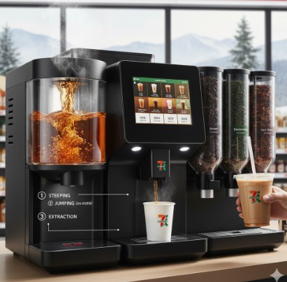 セブンイレブンの紅茶マシンが「蒸らし（Steeping）」と「ジャンピング（Jumping）」の工程を経て本格的な紅茶を抽出している様子。