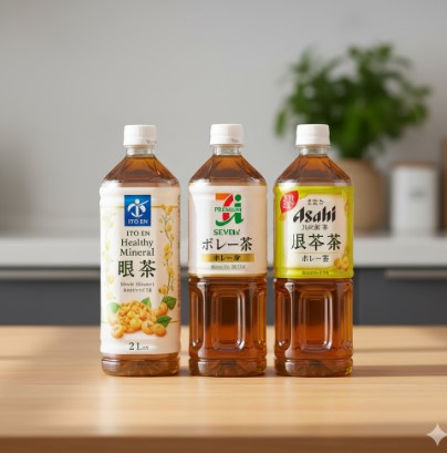 - セブンプレミアム麦茶と、伊藤園、アサヒの麦茶が並べられた比較イメージ