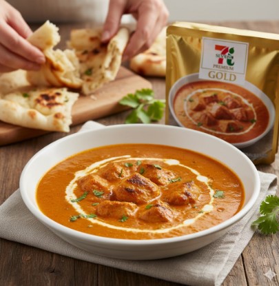 白い皿に盛られたセブンイレブンの金のバターチキンカレー。クリーミーなルーに鶏肉がごろごろと入り、上には生クリームとコリアンダーが飾られている。背景には「セブンプレミアム ゴールド 金のバターチキンカレー」のパッケージと、手でちぎられる焼きたてのナンが見える。