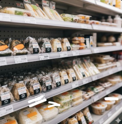 セブンイレブンの棚に並ぶ定番の具材のおにぎり。価格高騰により朝食予算を圧迫している状況を示唆。