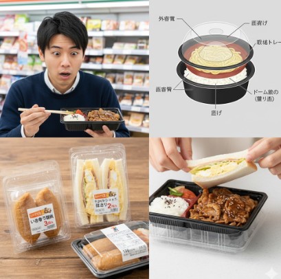 プラスチック使用量を減らしつつ強度を保つために、底や側面に凹凸（リブ）が施された薄い弁当容器のトレイ。