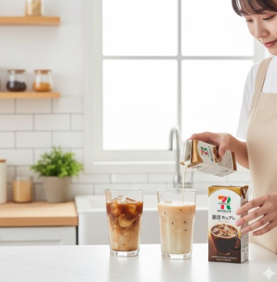 自宅のキッチンで、日本人女性がセブンプレミアムの濃縮コーヒーと牛乳を使って、カフェオレを作っている様子。