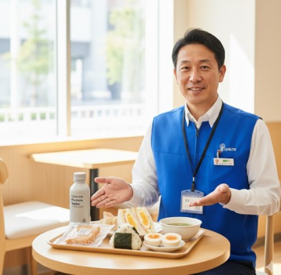 コンビニ店長がおすすめする、ダイエットに最適な低脂質・高たんぱく質ランチセット（おにぎり、サラダチキン、プロテインウォーターなど）。