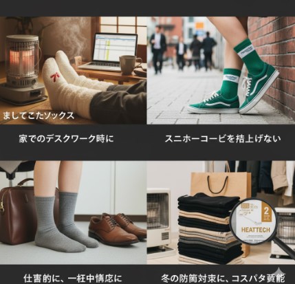 4つの異なる靴下(セブンイレブンのまるでこたつソックス、ファミマのラインソックス、ローソンの無印良品靴下、ユニクロのヒートテックソックス)が並べられ、それぞれの靴下が異なるライフスタイルシーン(自宅、外出、オフィス、冬の防寒)に置かれている。