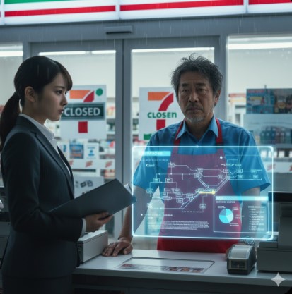 疲弊した様子の日本人コンビニオーナーと、彼に本部からの書類を示すスーツ姿の女性が対峙している。