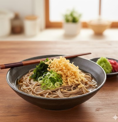 木目のテーブルに置かれた黒い器に入ったぶっかけそば。ネギ、わかめ、揚げ玉がたっぷり乗っており、美味しそうに盛り付けられている。