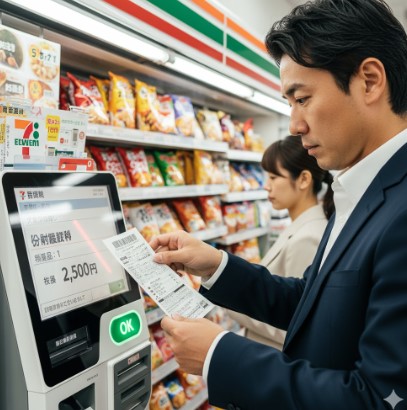 セブンイレブンのセミセルフレジで公共料金の払込票をスキャンして支払いを行う日本人男性。