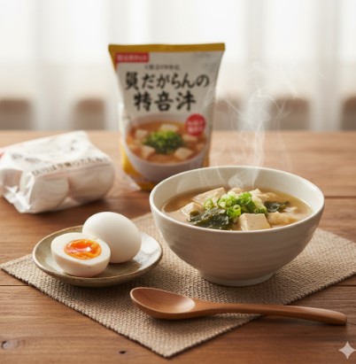 木目のテーブルに、湯気が立つ味噌汁とセブンプレミアムの味付き半熟ゆで卵が置かれている。味噌汁のパッケージも背景に写っている。