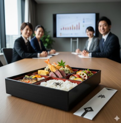 高級感のある予約限定のセブンイレブン特製幕の内弁当が会議室のテーブルに置かれ、奥で笑顔のビジネスパーソンたちが会議をしている。