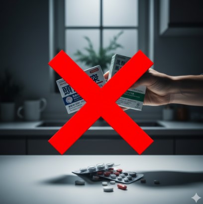 風邪薬と頭痛薬を同時に飲もうとする行為が危険であることを示す、重ねて摂取を禁止する警告マークの画像。