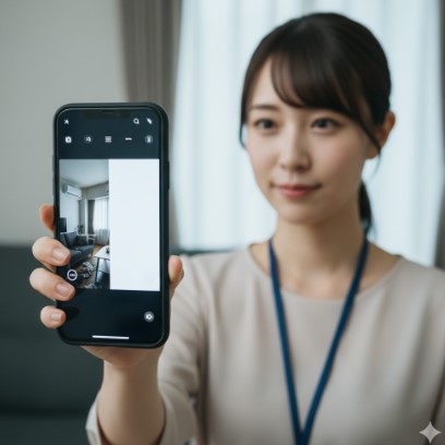 自宅でスマートフォンのカメラ機能を使って証明写真の背景を白く加工している日本の若い女性