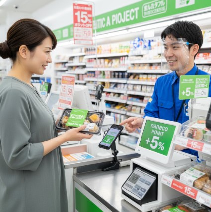 エシカルプロジェクトの5%ポイント還元を受けるため、nanacoで支払いをしている様子。