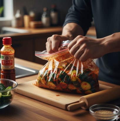 キムチの素で味付けされたきゅうりを、ジッパー付き保存袋に入れて揉み込む男性の手元。まな板の上には麺棒が置かれている。