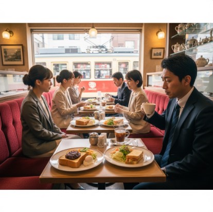 名古屋の喫茶店文化（モーニング文化）のイメージ。舌が肥えた名古屋の市場が、セブンイレブン紅茶マシンの先行導入エリアに選ばれた背景を表現。