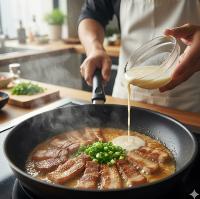 キッチンのコンロの上で、豚バラ肉と刻みネギが炒められているフライパン。調理中の人が、片栗粉を混ぜた合わせダレをガラスボウルからフライパンに注ぎ入れている。湯気が立ち上り、活気のある調理風景。