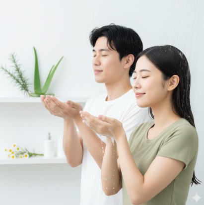 シャワーを浴びながら、ボタニカルシャンプーの香りを嗅ぐ日本人の男女。