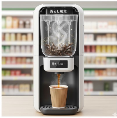 紅茶専用マシン内部で、茶葉が蒸らされている様子をイメージしたイラスト。湯気と茶葉の動きが、本格的な抽出プロセスを視覚的に表現している。