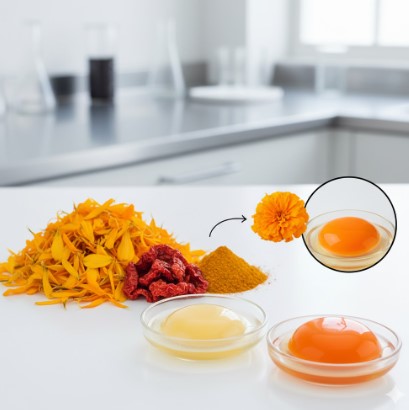 マリーゴールドとパプリカが、パック卵の黄身の鮮やかな濃い色を作り出す様子を示した鮮やかな対比画像。