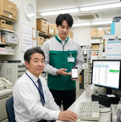 Web給与明細のパスワードを忘れた際に、店長にパスワードの初期化（リセット）を手動で依頼している、セブン-イレブンのバックルームの様子。