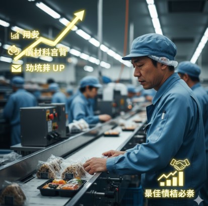 食品工場で弁当を包装する作業員と、円安、原材料高騰、物流コスト増加、人件費高騰を表すグラフとアイコンがオーバーレイ表示された画像。