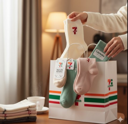 セブンイレブンのロゴが入ったショッピングバッグから、様々な種類のレディース靴下(まるでこたつソックス、機能性ソックス、ファッションソックスなど)が顔を覗かせている様子。購入した満足感が伝わる。