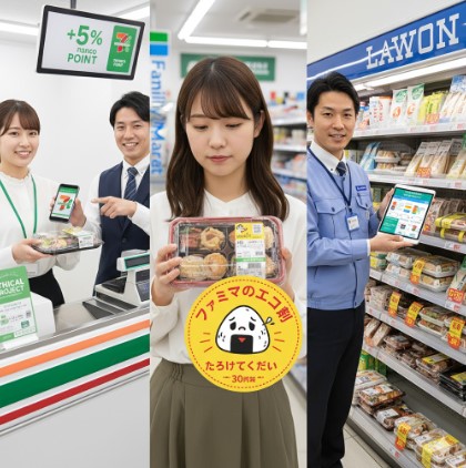 コンビニ大手3社(セブンイレブン、ファミマ、ローソン)の割引戦略の違いを比較するイメージ。