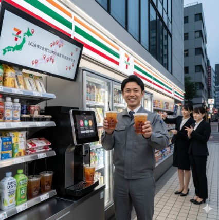 コンビニの外に設置されたセブンカフェティーマシン前で、ユニフォームを着た日本人男性スタッフがアイスティーを2つ持ち笑顔で立っている。近くにはビジネススーツの女性が二人いる。