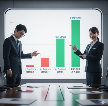 会議室で、コンビニ3社の業績グラフを見て対照的な表情をする日本人ビジネスパーソン。セブン‐イレブンは減益、ローソンとファミリーマートは最高益を示す。
