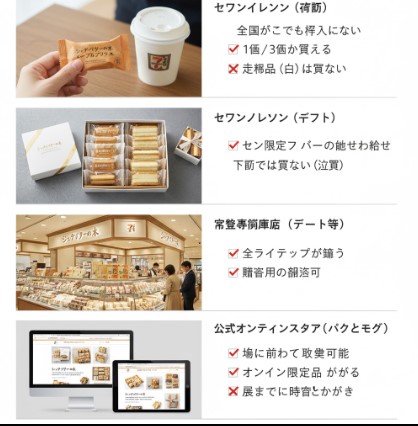 「シュガーバターの木」の購入チャネル(セブンイレブン店頭、セブンイレブンギフト、常設専門店舗、公式オンラインストア)をそれぞれの画像と共に比較し、商品の特徴やメリット・デメリットをまとめた情報グラフ。