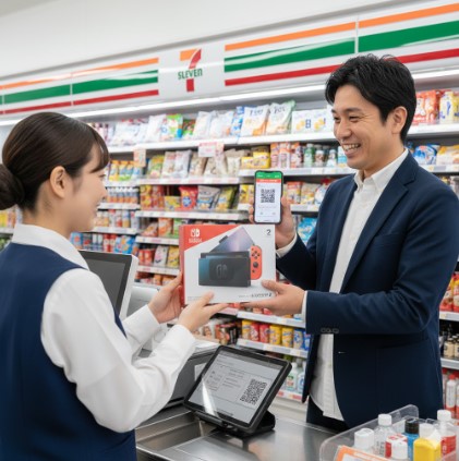Nintendo Switch 2の抽選に当選し、スマートフォンで当選画面を見せながら、セブンイレブンの店頭カウンターで商品を受け取る日本人のイメージ。