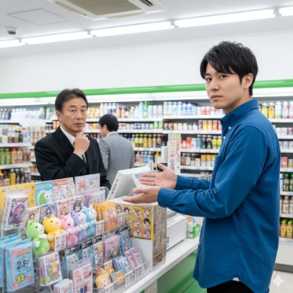 コンビニのレジカウンターで、客がたまごっち一番くじの「ロット買い(全量購入)」が可能か、日本人店員に尋ねている場面。